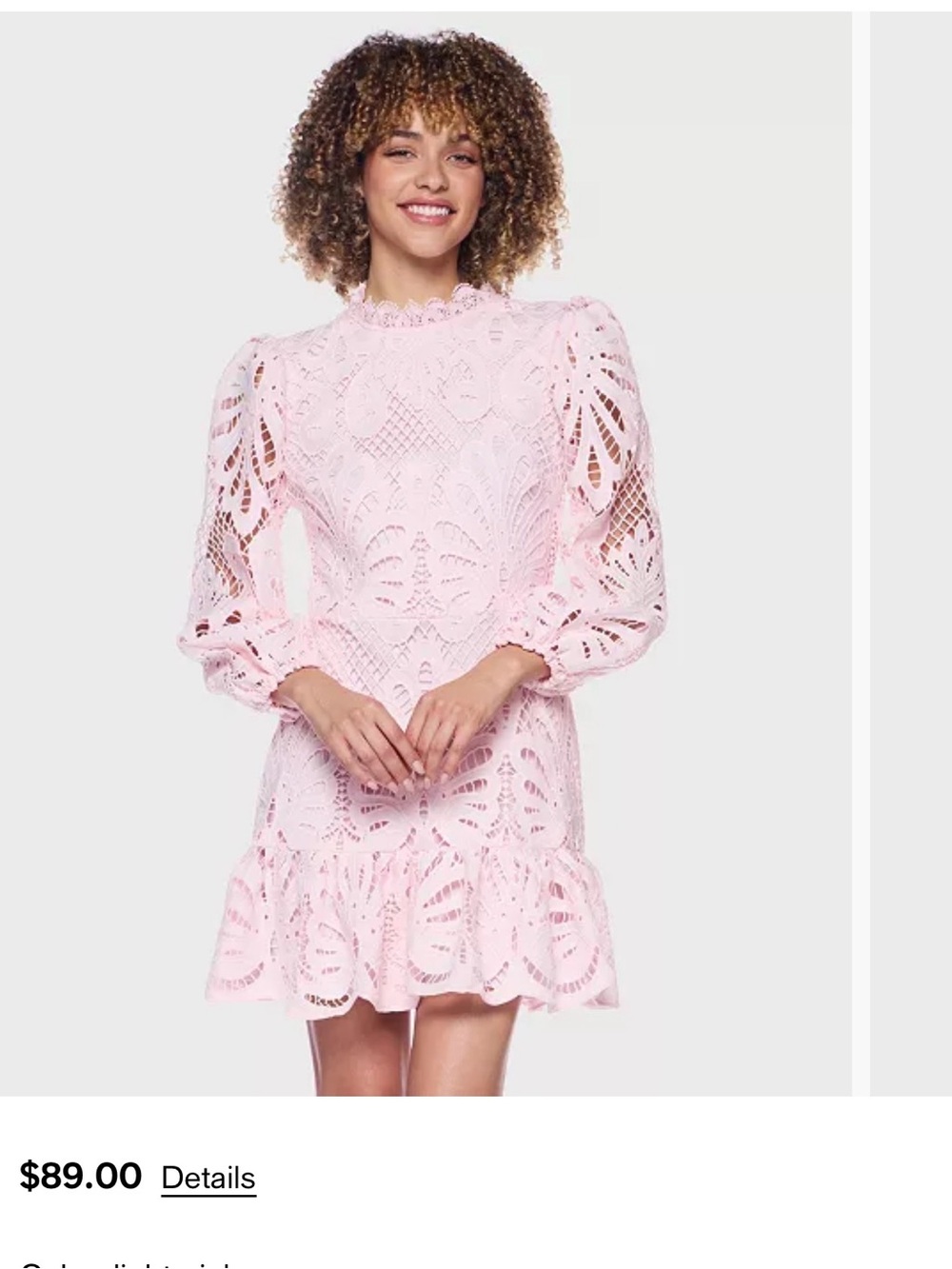 High-Neck Pink Lace Mini Dress with Puff Sleeves